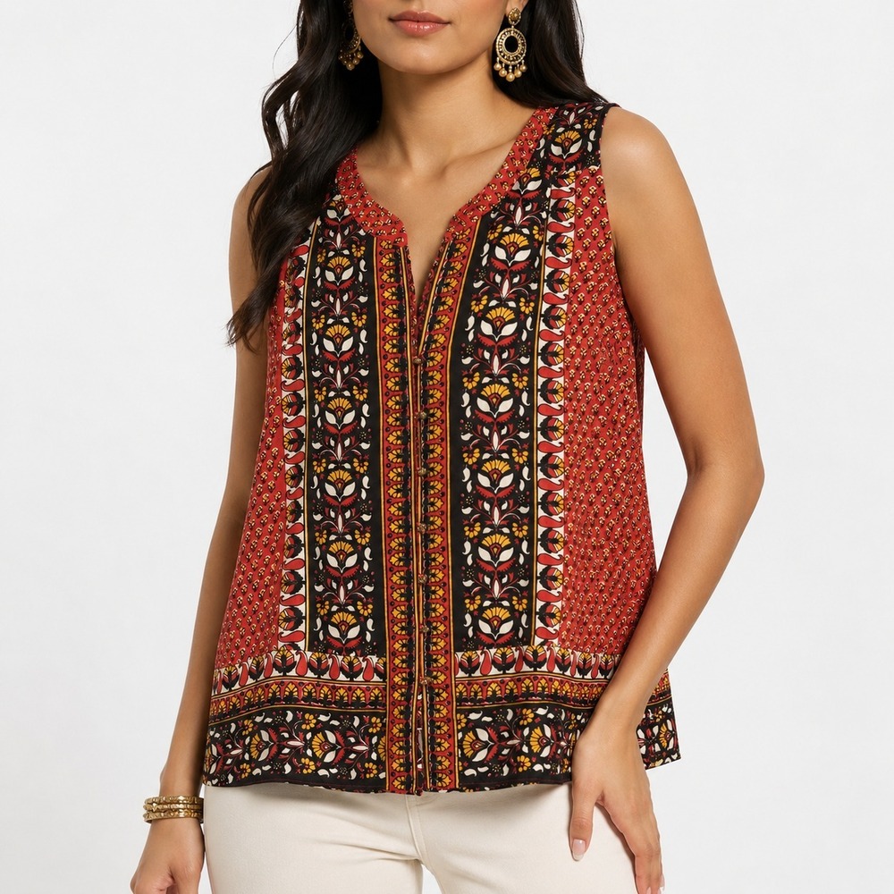 Calypso St Barth Tank Top Women's Small Ethnic Folk Print Front Button 100% Silk